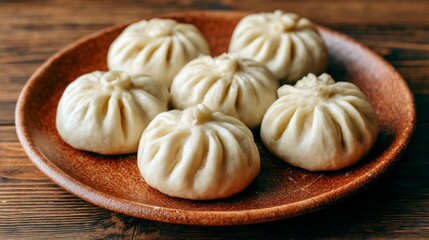 Freshly Steamed Dumplings on Brown Plate with Rustic Background Showcasing Delicious Asian Cuisine Ready to be Served for Enjoyment and Delightful Umami Flavors