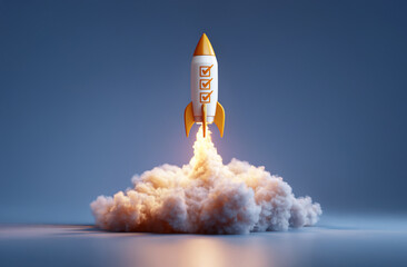 Obraz premium Startende Rakete mit abgehakten Checkboxen symbolisiert die effiziente Erledigung von Aufgaben in Unternehmen