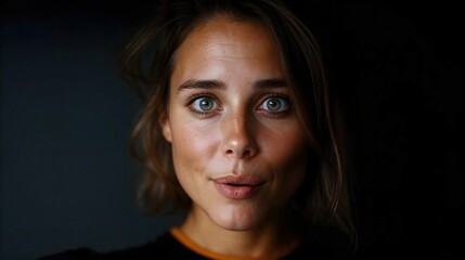 Fototapeta premium Portrait expressif d'une jeune femme aux yeux clairs sur fond sombre