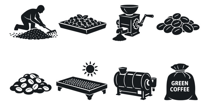 Black silhouette coffee production set featuring farmer, cherries, beans, drying, and processing elements for agricultural and food industry concepts