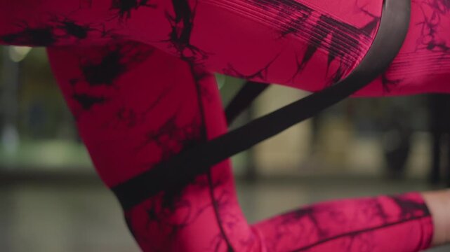 female athlete in pink leggings performing band resisted glute kickbacks on mat, fastpaced training vibe, studio lights and blurred equipment, dynamic motion, highintensity set for strength