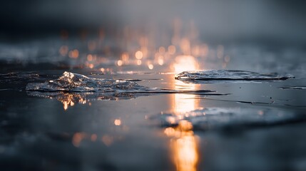 Naklejka premium Golden Fire Light Reflecting on Melting Blue Ice Surface Bokeh