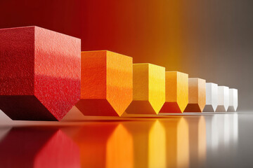 An abstract composition of three-dimensional geometric blocks arranged in a sequence with a smooth gradient from rich red to light neutral shades.  