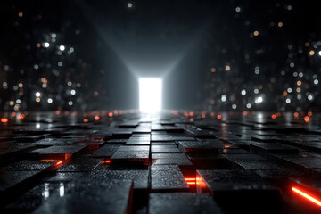 A futuristic, dark corridor lined with geometric tiles with glowing red lines leading to a bright rectangular light source in the distance.  