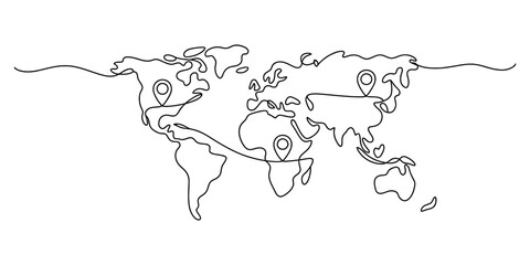 World map with location pins drawn in single line art style Vector, illustration © Rimi Kailash Arts