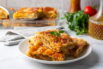 A minced meat tray pastry from Turkish cuisine. Turkish name; Kiymali tepsi boregi