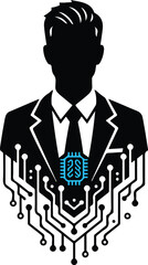 Ai professional: a silhouette depicting a businessman with a circuit board and microchip