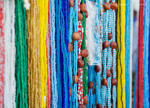 Colorful ritual beads and seeds used during the traditional Festa de Yemanj&aacute; in Salvador, Bahia, Brazil
