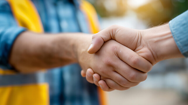 Top view faceless construction worker team contractor handshake after finishing business meeting to greeting start up project contract in construction site building, teamwork partn