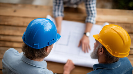 Top view of faceless engineer architect contractor and foreman meeting at construction building site with floor plan for real estate development project industry and housing timeli