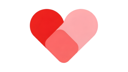 Abstract layered heart shape in shades of red and pink on a stark black background.