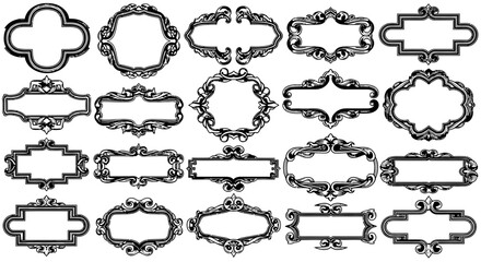 Fototapeta premium A collection of vintage ornate black and white decorative frames with intricate scrollwork and elegant flourishes, ideal for design elements, Isolated on transparent background