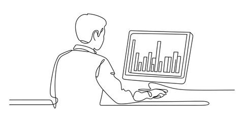 A person analyzing data on a computer screen in a continuous line art style Vector, illustration © Rimi Kailash Arts
