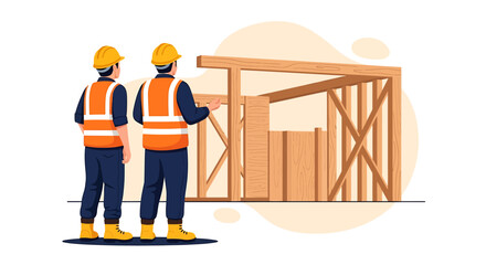 Two construction workers in hard hats and safety vests observing a wooden building frame.