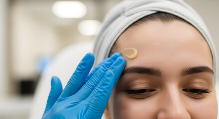 Woman Receiving Facial Treatment with Gloved Hand.