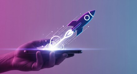 Rocket Launching from Smartphone Screen with Vibrant Colors and Digital Effects