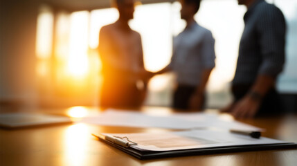 Faceless business meeting between professionals in office space, construction plans on table, warm lighting collaborative environment, project discussion setting, defocused people,