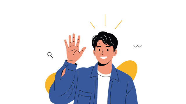 Friendly young man in a casual blue jacket smiling and waving his hand to say hello against a simple white background with abstract shapes.