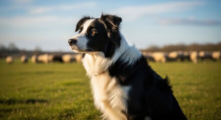 Black and White Dog Sitting in Green Field with Sheep in Background Under Blue Sky