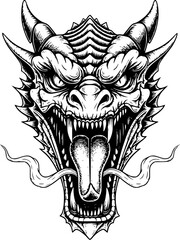 Fototapeta premium Fierce Dragon Head Engraved Illustration Front View for Mascot Logo, Fantasy Branding, Tattoo Design, and Black and White Graphic Use