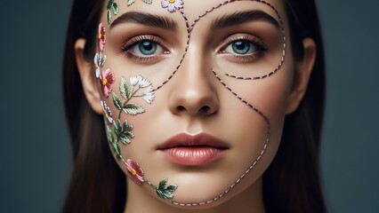 A woman with flowers and dotted lines on her face for cosmetic surgery planning tendencies