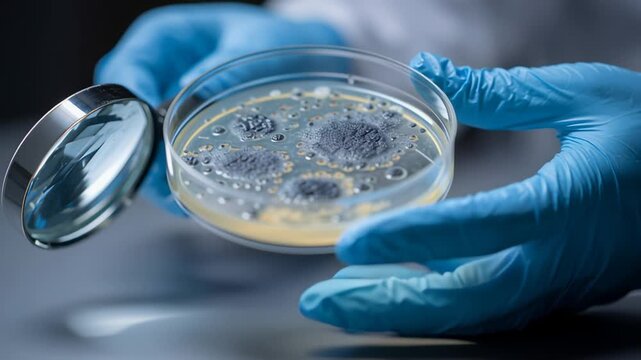 Examining mold growth in a petri dish with a magnifying glass in a laboratory setting