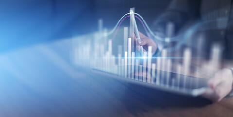 Interactive Data Visualization and Business Analytics Interface Projected on Virtual Screen.