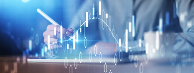 Candlestick Chart Analysis and Trading Interface Projected on Virtual Screen.