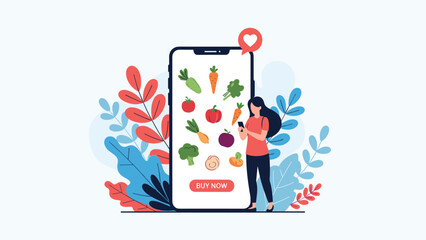 Obraz premium Woman using her mobile phone to buy fresh vegetables through an online grocery shopping app on a giant smartphone screen display.