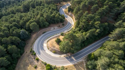Fototapeta premium Winding asphalt road with tree view cut out isolated on transparent background. AI generated. 