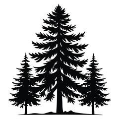 Obraz premium Three fir trees stand together in a solid black silhouette on a white backdrop