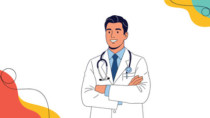 Fototapeta premium Confident male doctor wearing a white medical coat and a stethoscope smiling with his arms crossed against a colorful background.