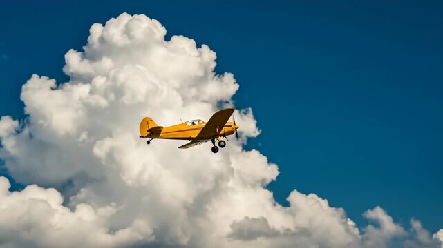 Yellow biplane crop duster flying across a blue sky with white clouds for agricultural aviation