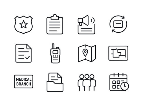 Medical Command Icons. Medical incident command. Line icon set of medical incident command: incident commander badge, section chief board, communication board,