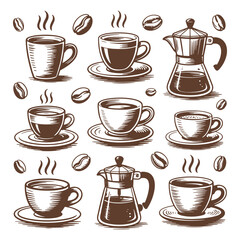 Obraz premium Coffee Cups Collection Hand Drawn Pattern Illustration