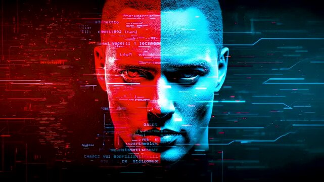 Human face split by red and blue digital data streams showing artificial intelligence identity cyber security and advanced machine cognition