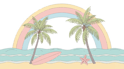 Obraz premium A pastel-colored digital illustration of a tropical beach scene framed by a rainbow arch (1)_traced