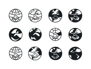 Global Aid Logos. International aid organizations. Icon set. Set Logo of International aid organizations: handshake across continents. harmonious