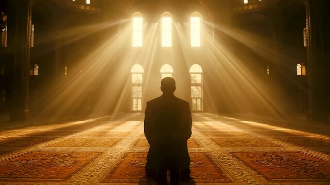Man standing alone inside mosque with golden light rays through windows creating peaceful prayer moment and spiritual interior atmosphere