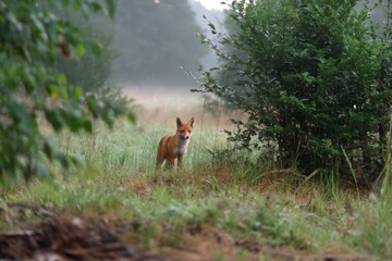 Fototapeta premium Fox Standing Quietly in a Misty Morning Forest Habitat Surrounded by Fog
