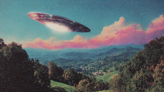 Mysterious ufo flying over lush green mountain landscape, retro style collage illustrating alien invasion and science fiction concept
