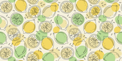 Lemon, slice, citrus. Pattern. Drawings, doodles. Fruits, outline icons, sketches. Seamless vector background.