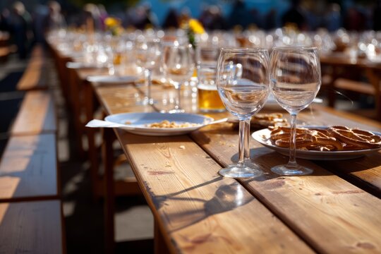 Festive Wooden Tables with Glassware After Outdoor Event with Leftovers