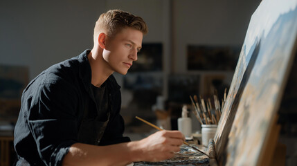 A talented painter works intently on a canvas, with a studio spotlight focusing on their creative process, casting shadows that highlight the rich textures and colors coming to life in their