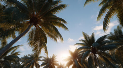 A tropical sunset palms landscape exemplifies the natural beauty found in exotic locations, featuring the sun dipping below the horizon while palm trees create a striking frame, perfect for