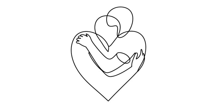 A continuous line drawing of a person hugging themself, symbolizing self-love and care Vector, illustration