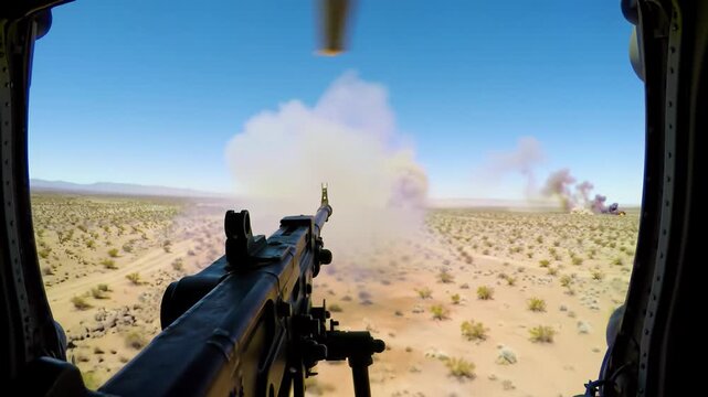 High-altitude POV video tracking over a sun-drenched desert from a military helicopter, a .50 caliber machine gun fires with flashes and smoke, camera recoiling. Realistic military action