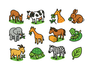 Obraz premium Colorful Herbivore Icons. Herbivores. Colorful isometric vector icons set of Herbivores: grazing deer, cow chewing grass, rabbit with clover, elephant trunk