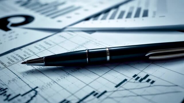 Financial analysis documents with pen resting on business charts and data sheets showing professional planning accounting and market review