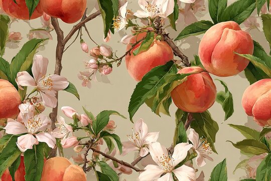 Elegant, chic, vintage seamless repeatable pattern featuring realistic peaches and jasmine flowers on beige background